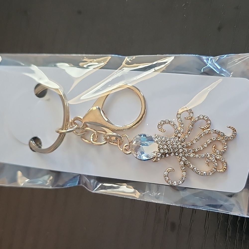 Gold Octopus Keychain with Clear Crystal Accent - Picture 5 of 5
